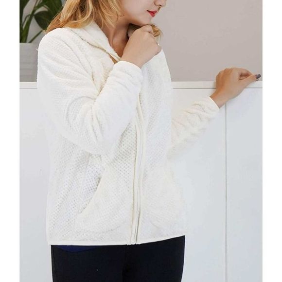 Fleece Hooded Full Zipper Jacket Medium Cream White - Picture 2 of 12